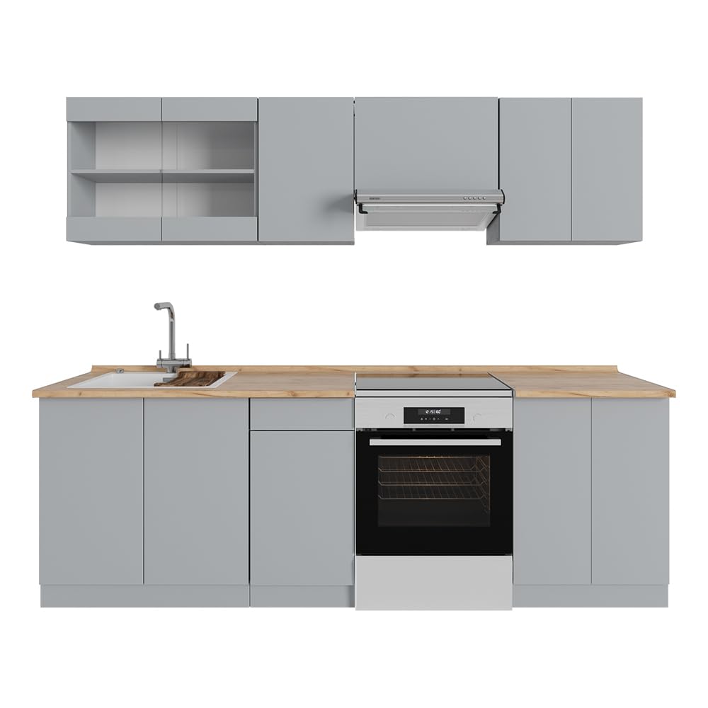 Vicco Küchenzeile Raul, Goldkraft Eiche/Anthrazit, 240 cm, AP Schwarz Gemustert, mit modularen Elementen flexibel kombinierbar
