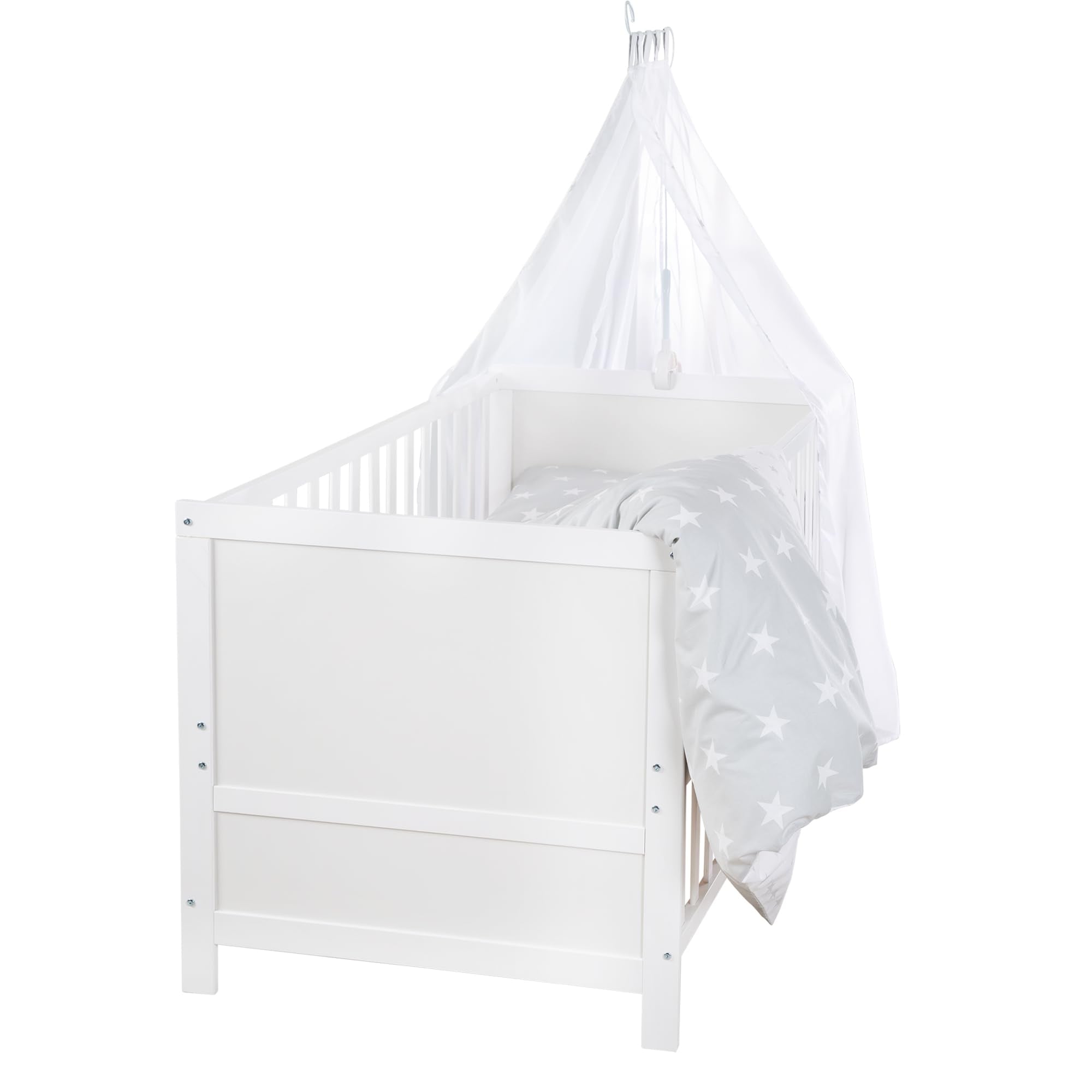 roba Babybett Set Adam & Eule - 70 x 140 cm - Mitwachsendes Kinderbett mit Bettwäsche, Himmel, Matratze - Höhenverstellbar - zu Juniorbett umbaubar - Holz weiß