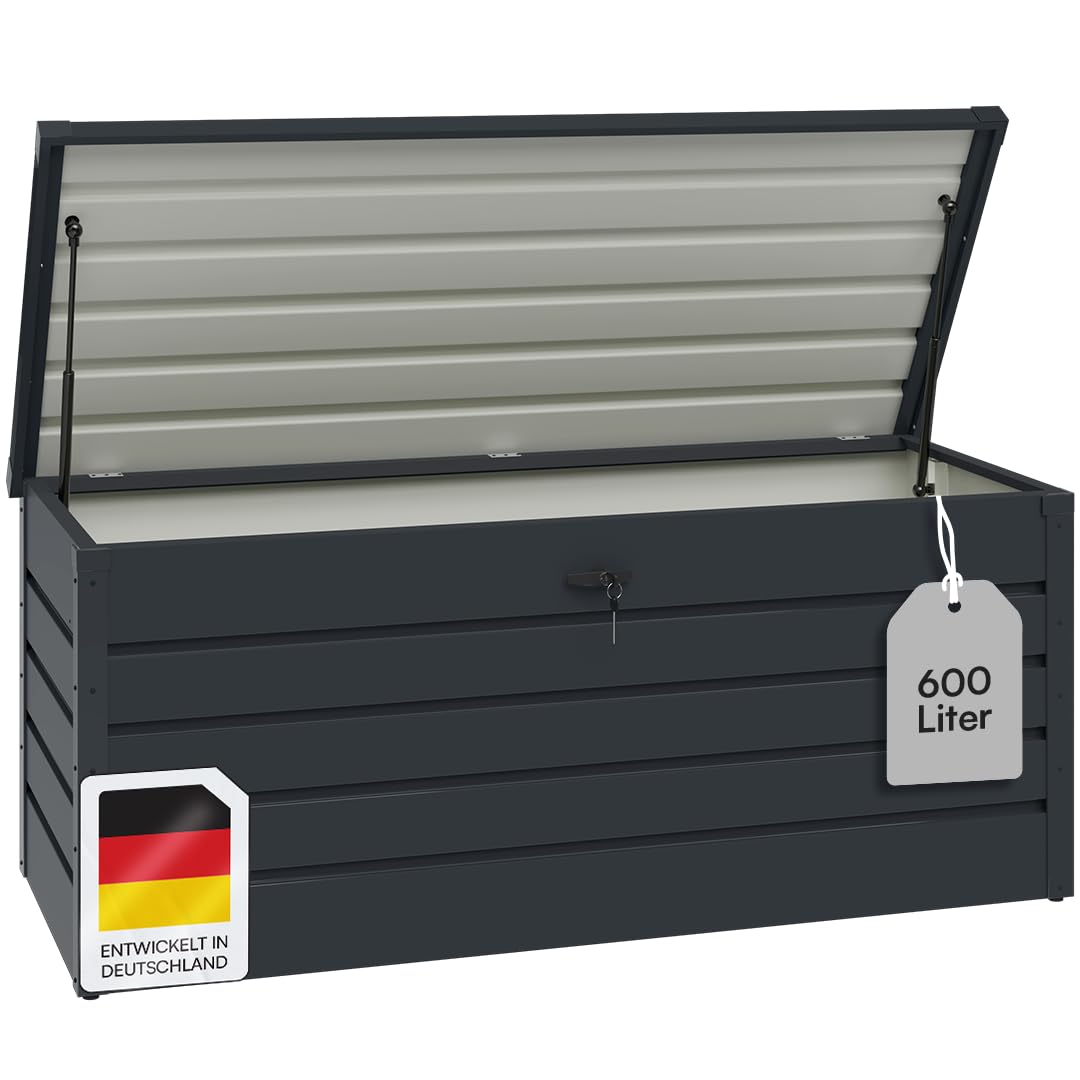 STEELSØN Dorado Gartenbox aus verzinktem Metall 350 Liter – Outdoor Box wasserdicht Anthrazit – Auflagenbox abschließbar mit klappbarem Deckel – Aufbewahrungsbox Garten/Balkon/Terrasse 120x62x63 cm