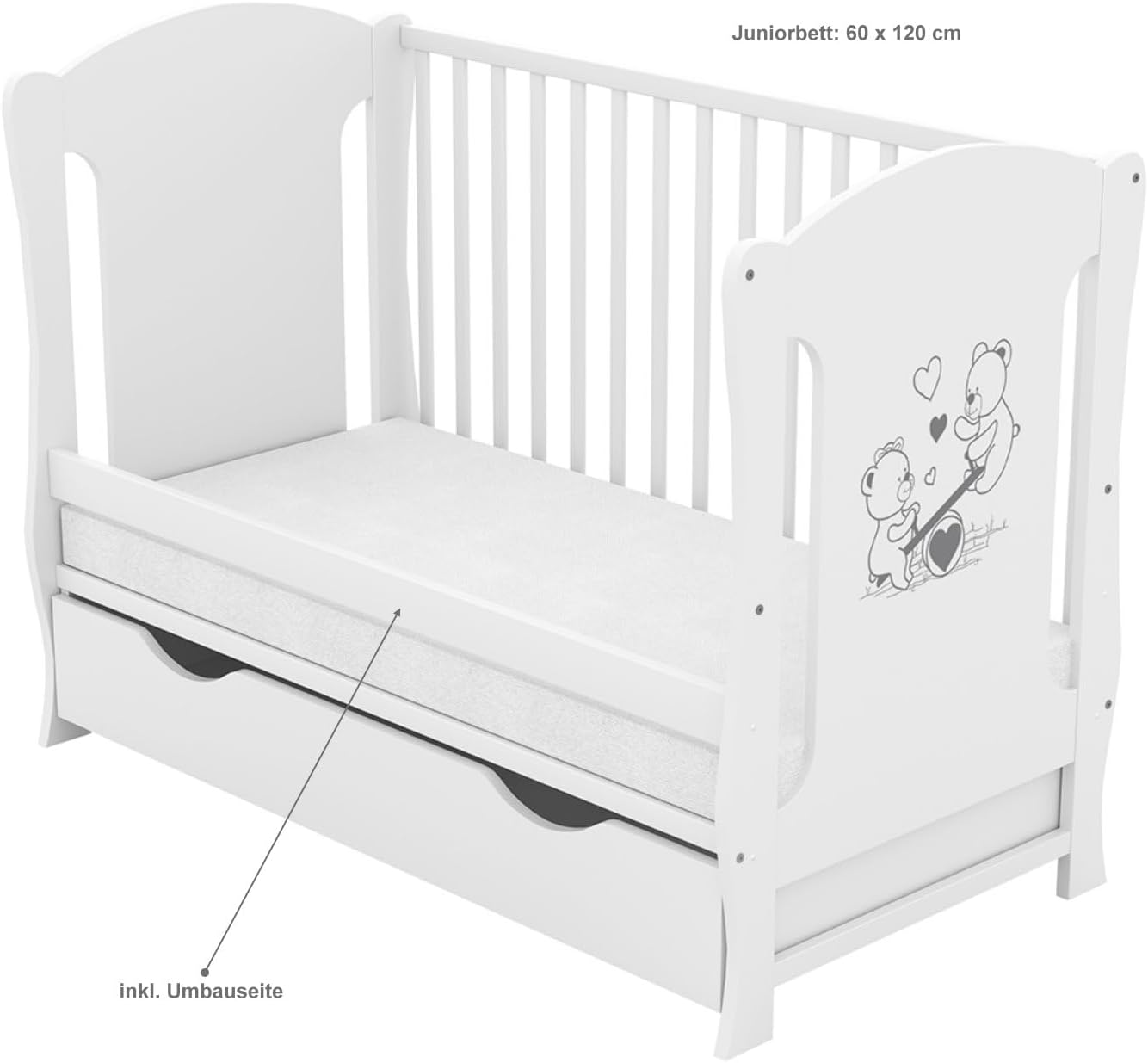 Babybett 60x120 weiß Kinderbett umbaubar zum Juniorbett Schublade Matratze Teddy Wippe Motiv