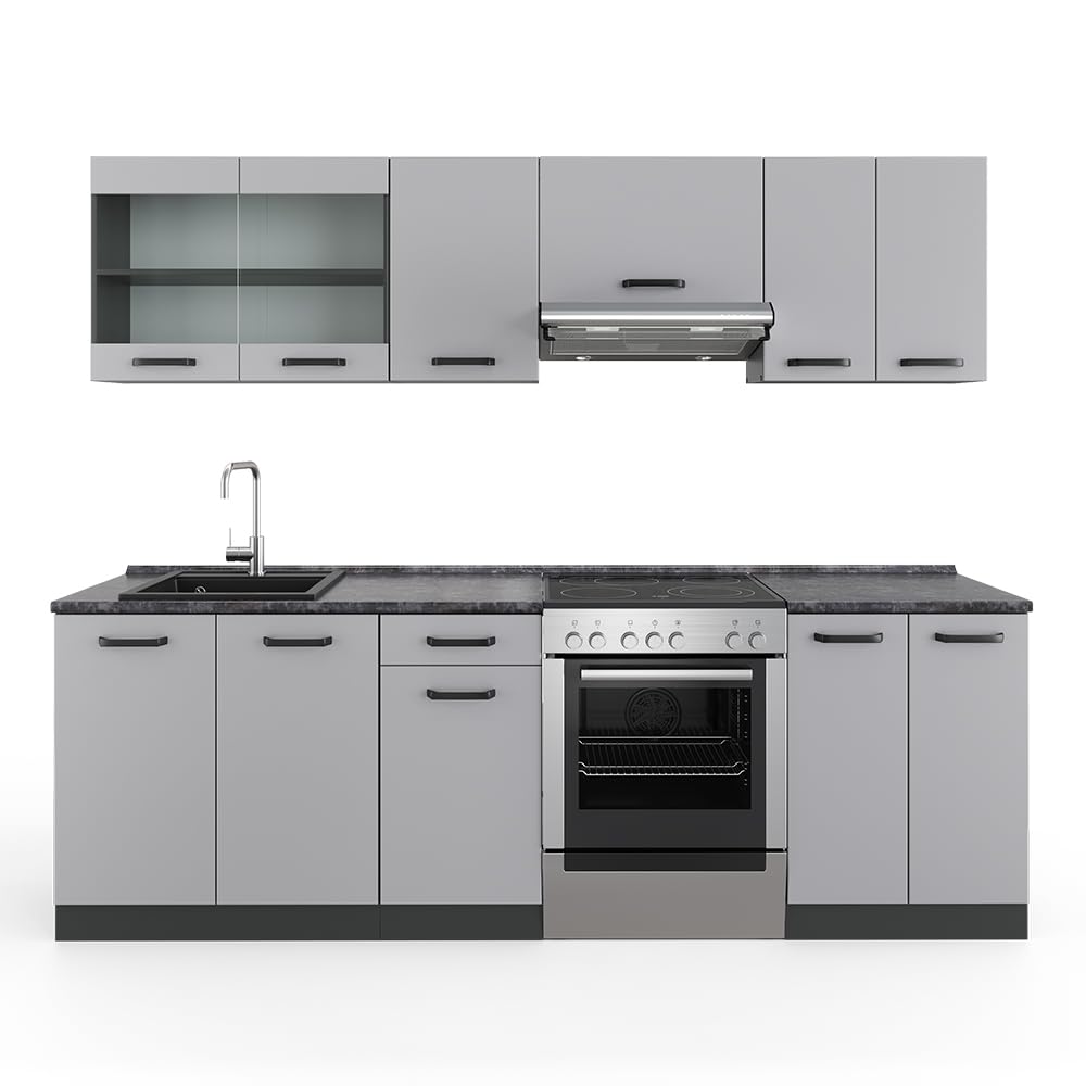 Vicco Küchenzeile Raul, Goldkraft Eiche/Anthrazit, 240 cm, AP Schwarz Gemustert, mit modularen Elementen flexibel kombinierbar