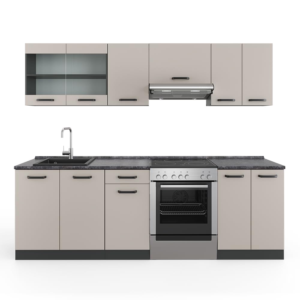 Vicco Küchenzeile Raul, Goldkraft Eiche/Anthrazit, 240 cm, AP Schwarz Gemustert, mit modularen Elementen flexibel kombinierbar
