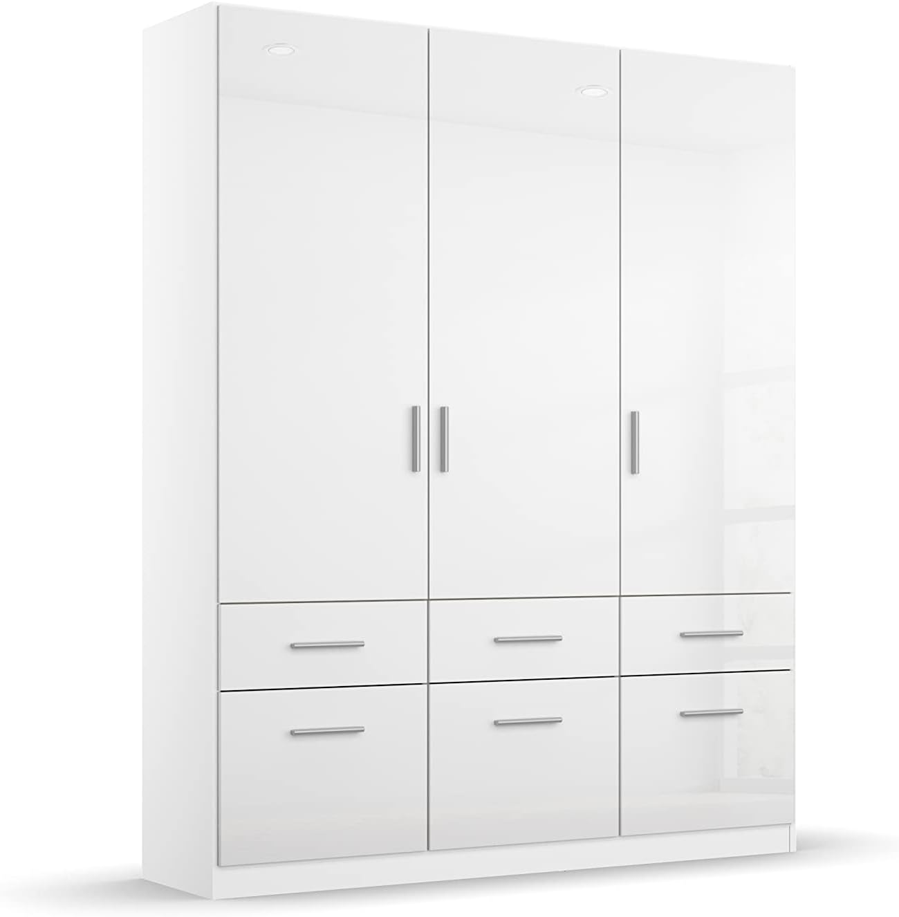 Rauch Möbel Celle, Kleiderschrank für Schlafzimmer, Kinderzimmer, Babyzimmer, Garderobe, Flur, 3-türig, 6 Schubladen, Farbe Hochglanz Weiß/Weiß, Breite 136 cm