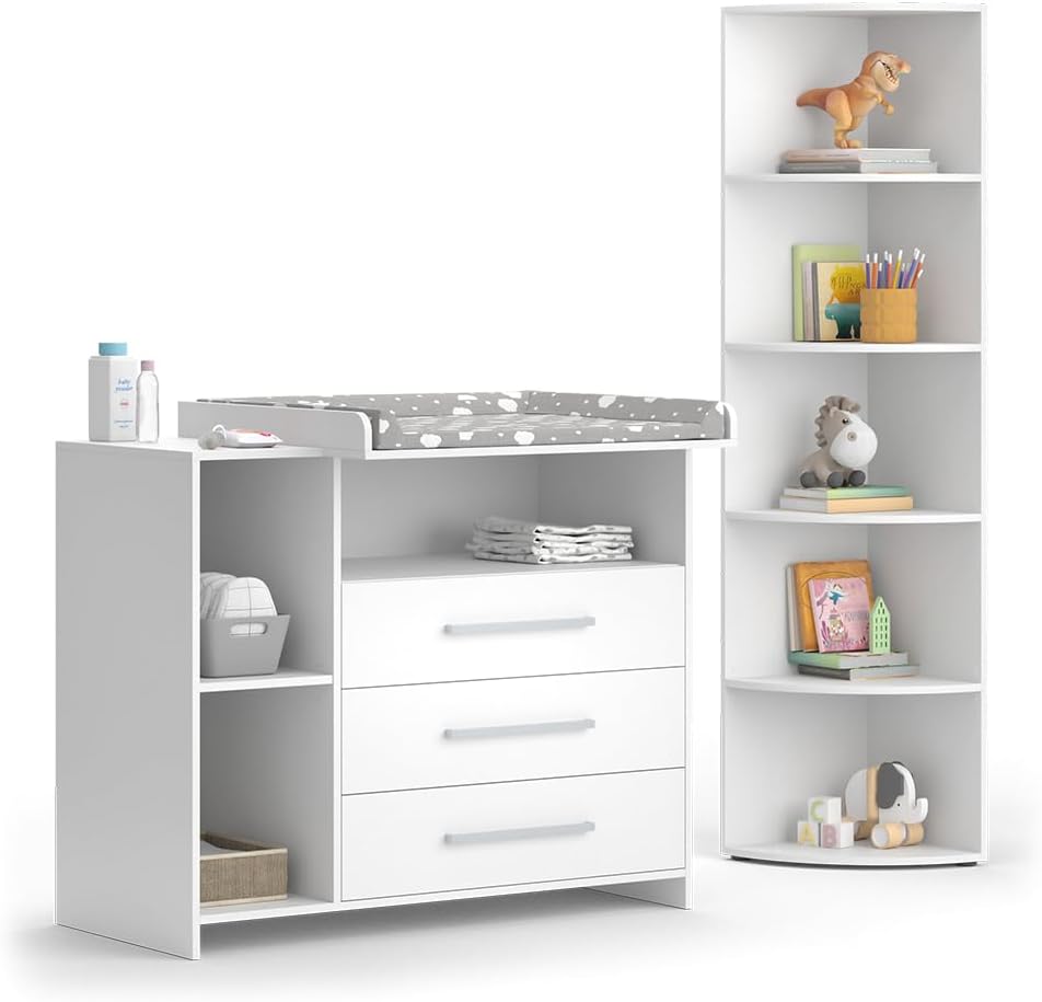 Vicco Kinderzimmer-Set Oskar, Weiß, 2 Teile, mit Wickelkommode und Spielzeugregal, umbaubar zur normalen Kommode nach Entfernen des Wickelaufsatzes