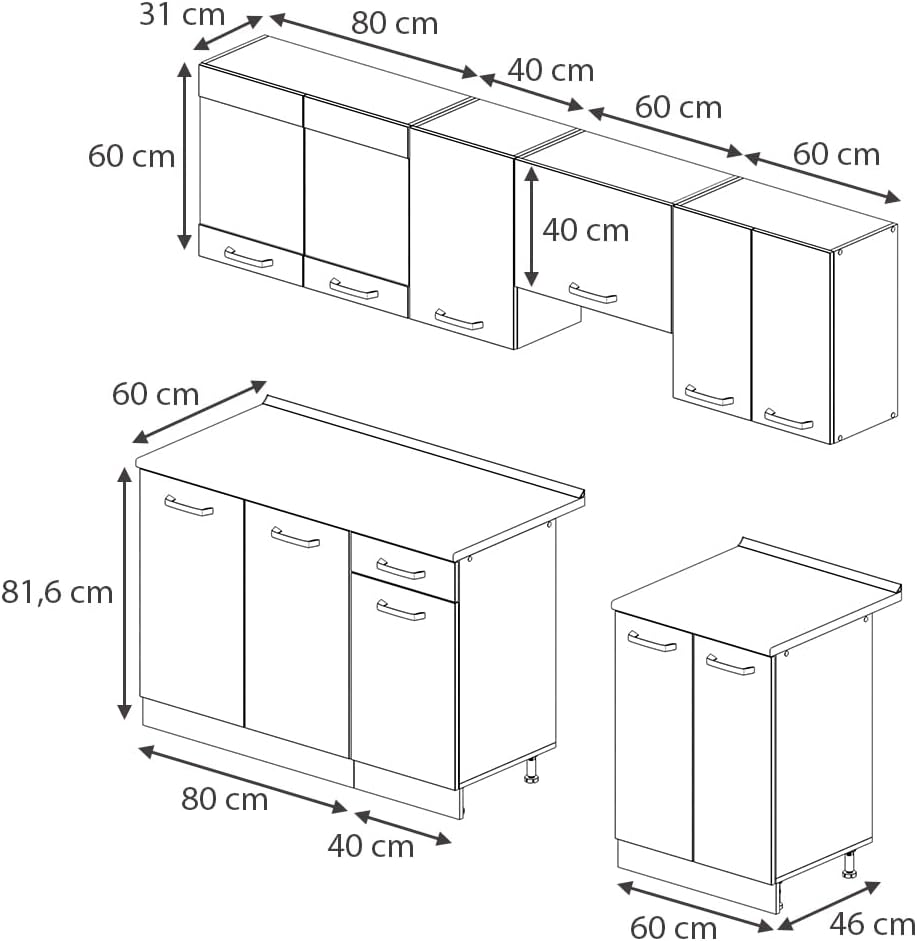 Vicco Küchenzeile Raul, Goldkraft Eiche/Anthrazit, 240 cm, AP Schwarz Gemustert, mit modularen Elementen flexibel kombinierbar