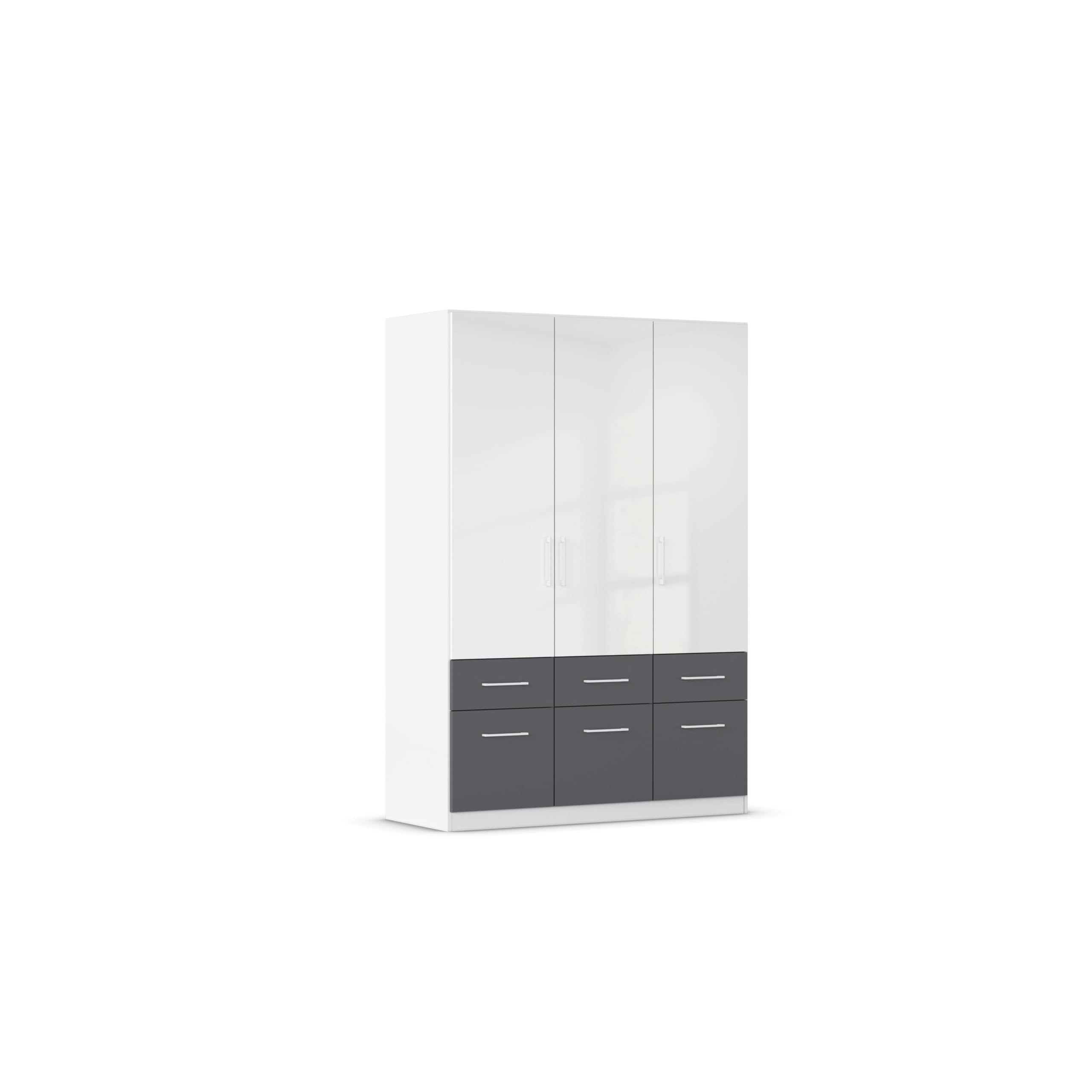 Rauch Möbel Celle, Kleiderschrank für Schlafzimmer, Kinderzimmer, Babyzimmer, Garderobe, Flur, 3-türig, 6 Schubladen, Farbe Hochglanz Weiß/Weiß, Breite 136 cm