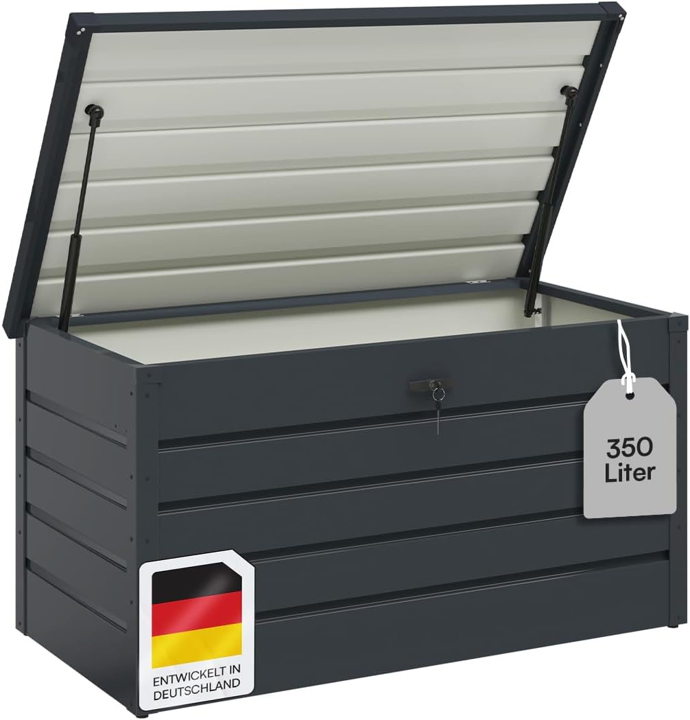 STEELSØN Dorado Gartenbox aus verzinktem Metall 350 Liter – Outdoor Box wasserdicht Anthrazit – Auflagenbox abschließbar mit klappbarem Deckel – Aufbewahrungsbox Garten/Balkon/Terrasse 120x62x63 cm