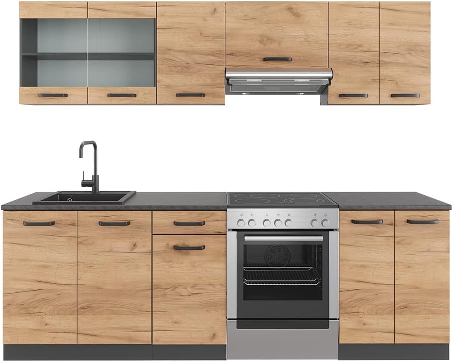 Vicco Küchenzeile Raul, Goldkraft Eiche/Anthrazit, 240 cm, AP Schwarz Gemustert, mit modularen Elementen flexibel kombinierbar