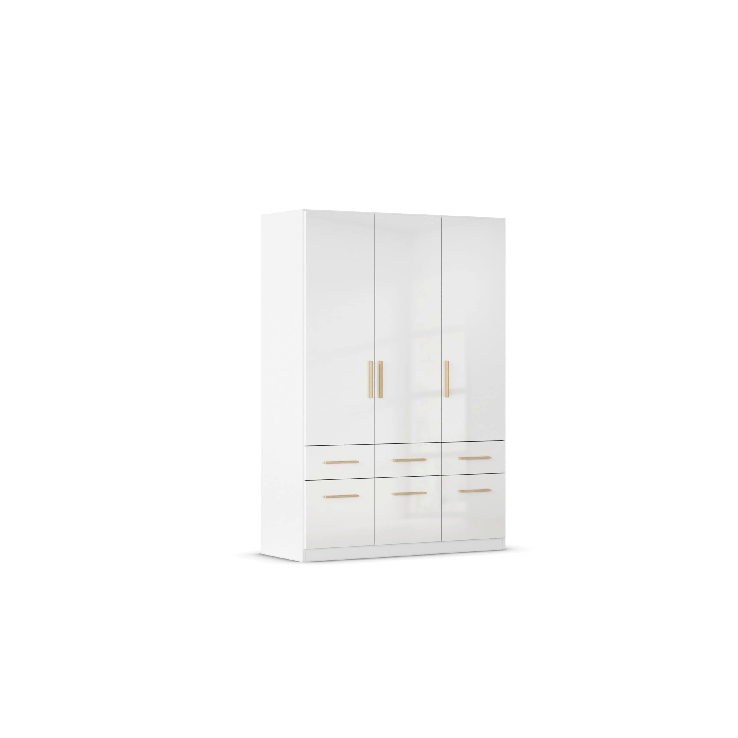 Rauch Möbel Celle, Kleiderschrank für Schlafzimmer, Kinderzimmer, Babyzimmer, Garderobe, Flur, 3-türig, 6 Schubladen, Farbe Hochglanz Weiß/Weiß, Breite 136 cm