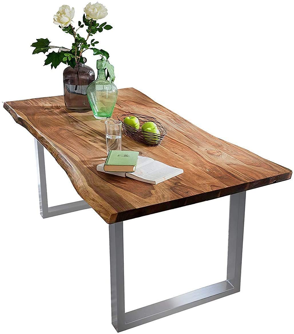 SAM Baumkantentisch 220x100 cm Quarto, Akazienholz massiv + nussbaumfarben, Esstisch mit schwarzem U-Gestell, Esszimmertisch/Holztisch Industrial-Design, Tischplatte 26 mm