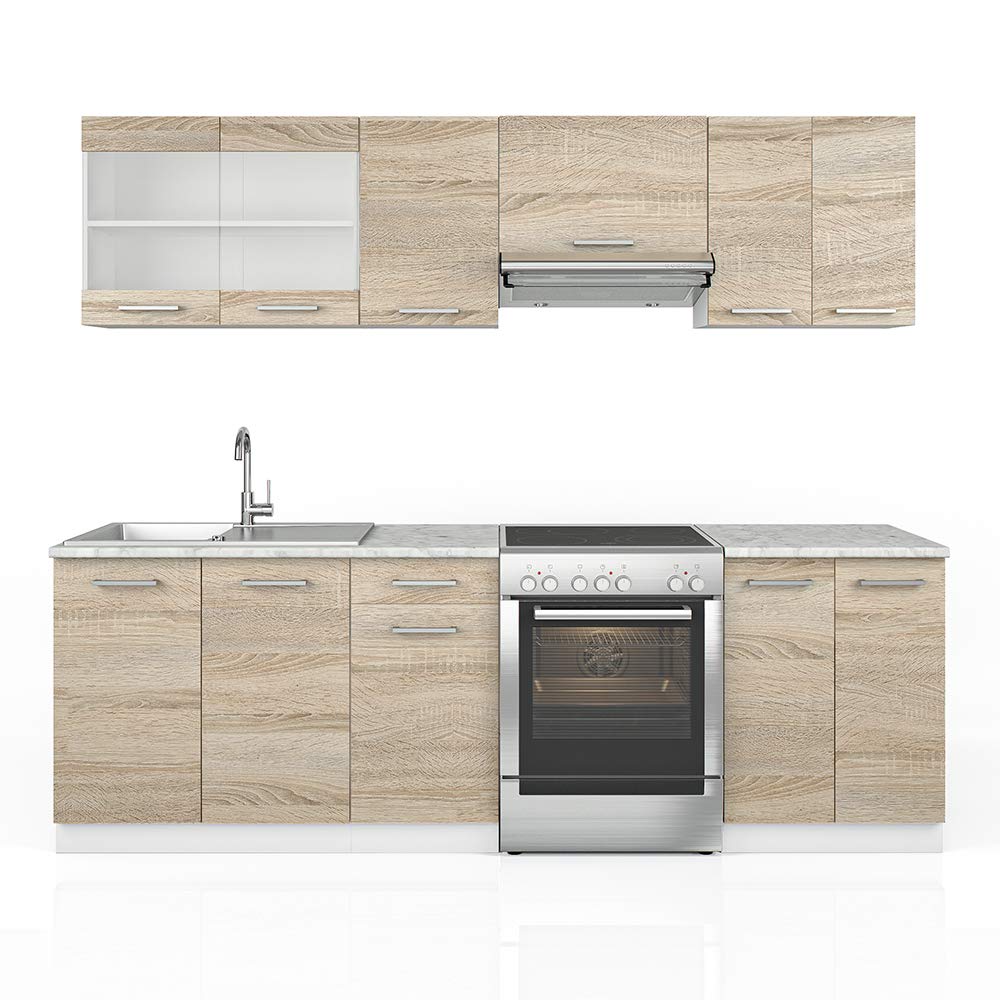 Vicco Küchenzeile Raul, Goldkraft Eiche/Anthrazit, 240 cm, AP Schwarz Gemustert, mit modularen Elementen flexibel kombinierbar