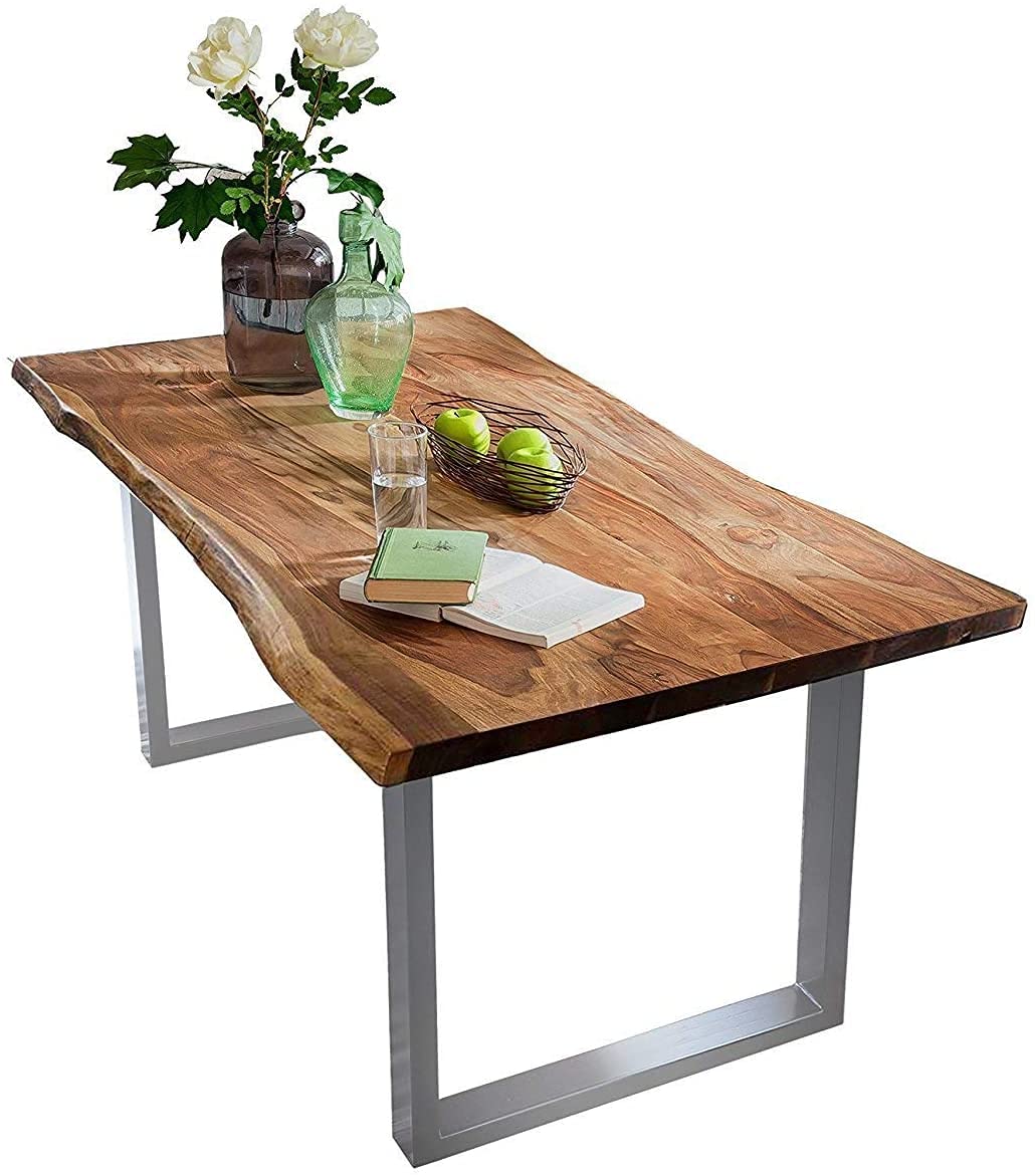 SAM Baumkantentisch 220x100 cm Quarto, Akazienholz massiv + nussbaumfarben, Esstisch mit schwarzem U-Gestell, Esszimmertisch/Holztisch Industrial-Design, Tischplatte 26 mm