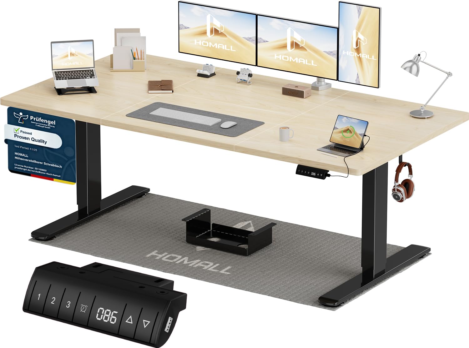 Homall Höhenverstellbarer Schreibtisch 200x80cm mit USB-A Ladeanschluss, Elektrischer Schreibtisch mit Kabel Management Tray, Standing Desk mit 3 Memory Funktion, Computertisch Weiß
