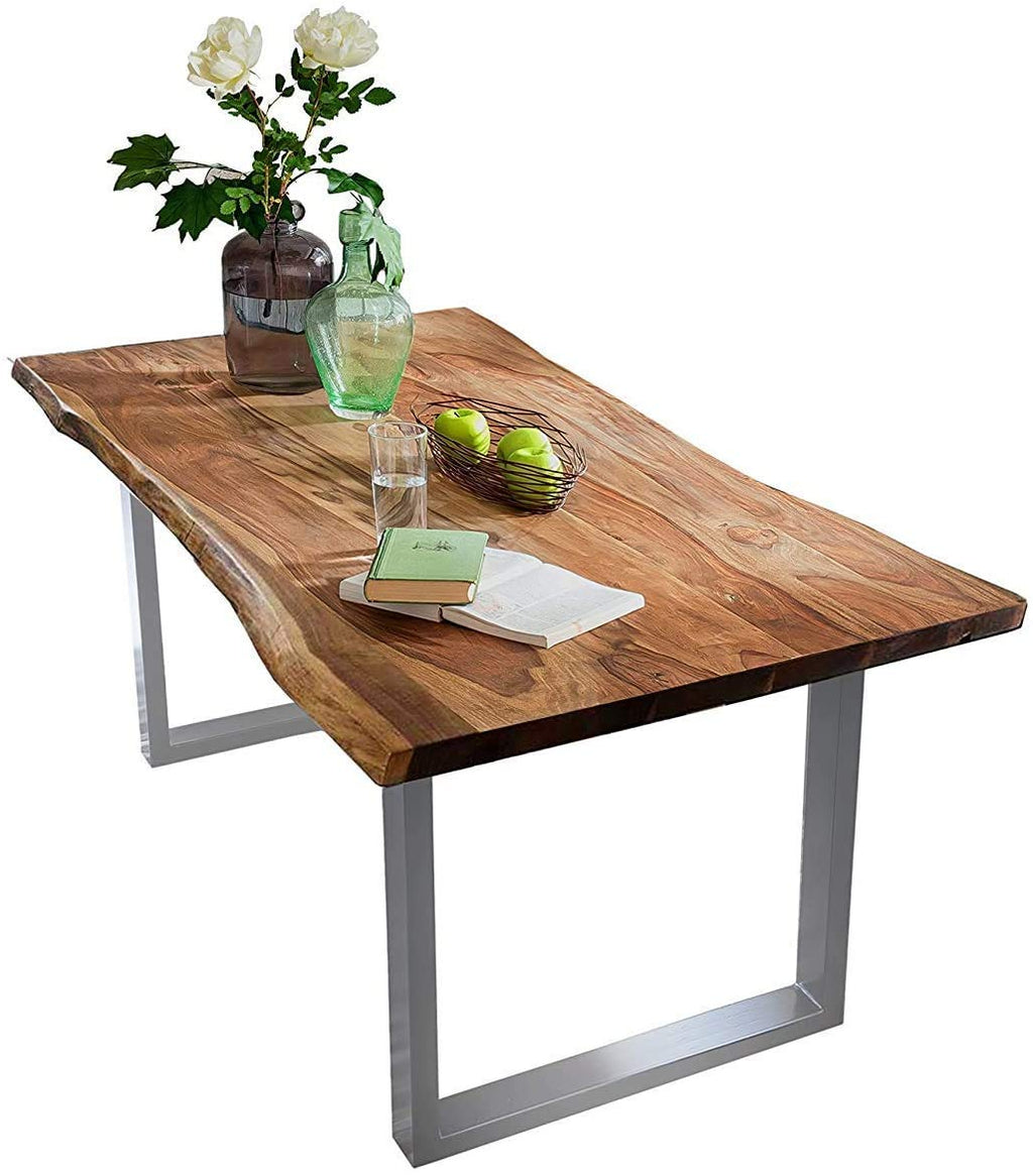 SAM Baumkantentisch 220x100 cm Quarto, Akazienholz massiv + nussbaumfarben, Esstisch mit schwarzem U-Gestell, Esszimmertisch/Holztisch Industrial-Design, Tischplatte 26 mm