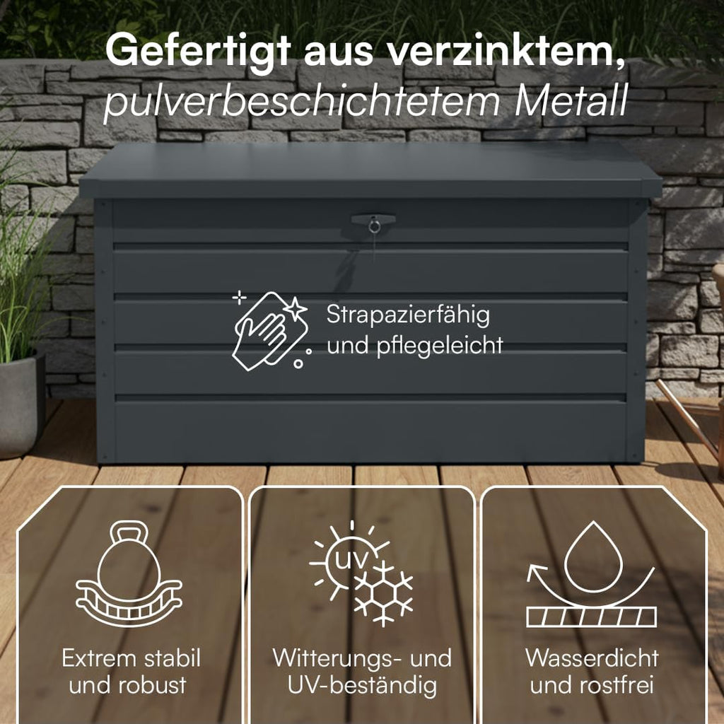 STEELSØN Dorado Gartenbox aus verzinktem Metall 350 Liter – Outdoor Box wasserdicht Anthrazit – Auflagenbox abschließbar mit klappbarem Deckel – Aufbewahrungsbox Garten/Balkon/Terrasse 120x62x63 cm