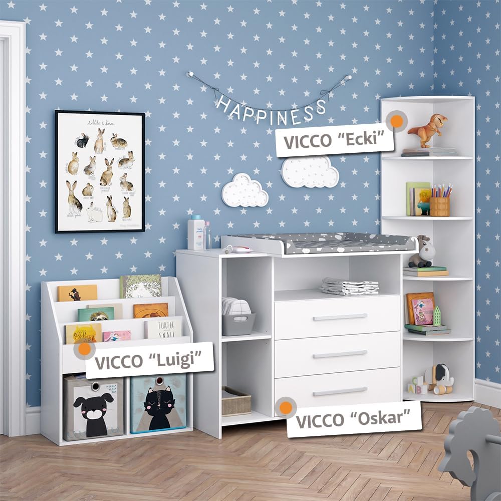 Vicco Kinderzimmer-Set Oskar, Weiß, 2 Teile, mit Wickelkommode und Spielzeugregal, umbaubar zur normalen Kommode nach Entfernen des Wickelaufsatzes
