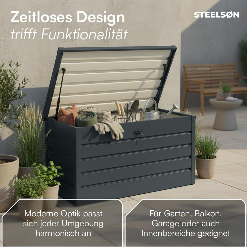 STEELSØN Dorado Gartenbox aus verzinktem Metall 350 Liter – Outdoor Box wasserdicht Anthrazit – Auflagenbox abschließbar mit klappbarem Deckel – Aufbewahrungsbox Garten/Balkon/Terrasse 120x62x63 cm