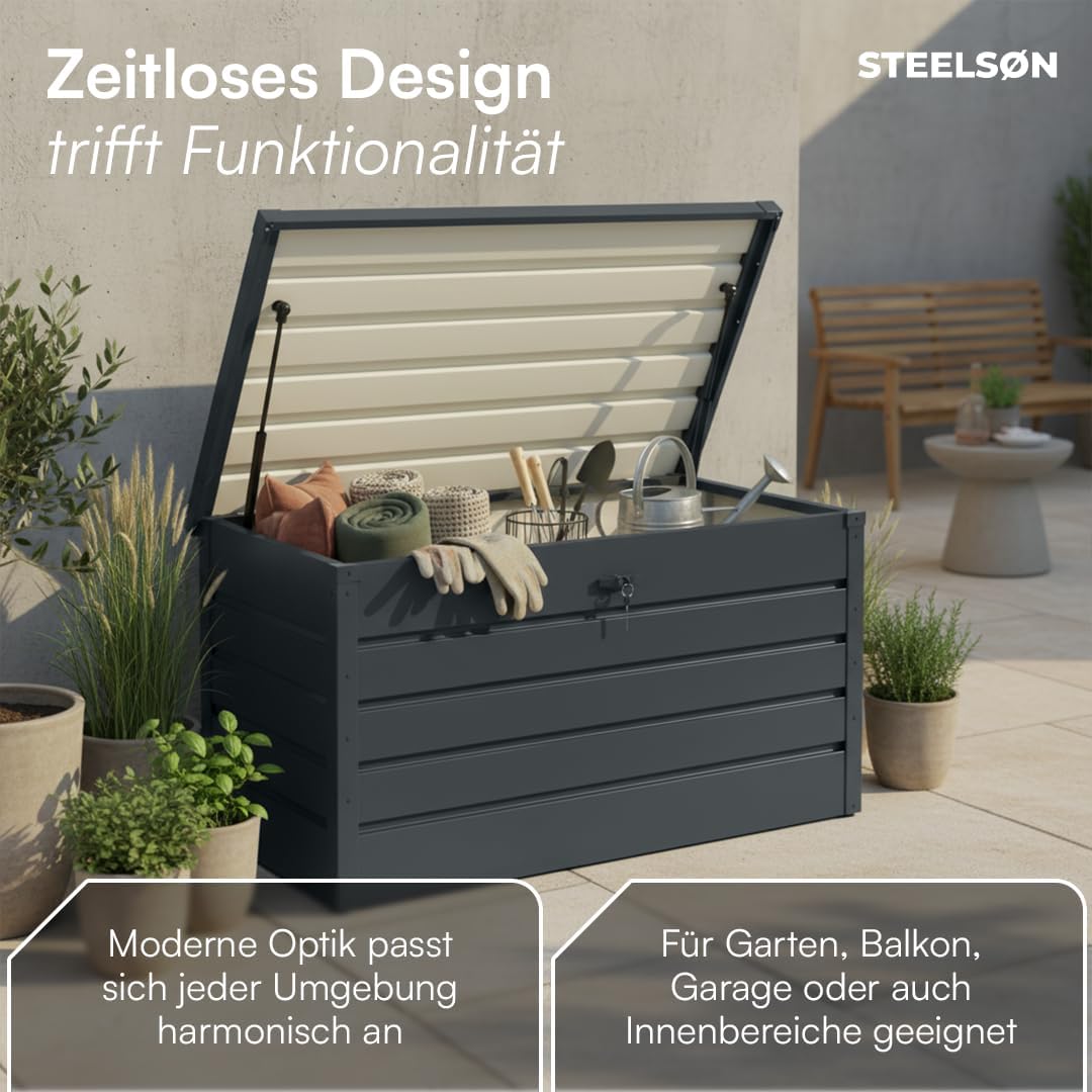 STEELSØN Dorado Gartenbox aus verzinktem Metall 350 Liter – Outdoor Box wasserdicht Anthrazit – Auflagenbox abschließbar mit klappbarem Deckel – Aufbewahrungsbox Garten/Balkon/Terrasse 120x62x63 cm