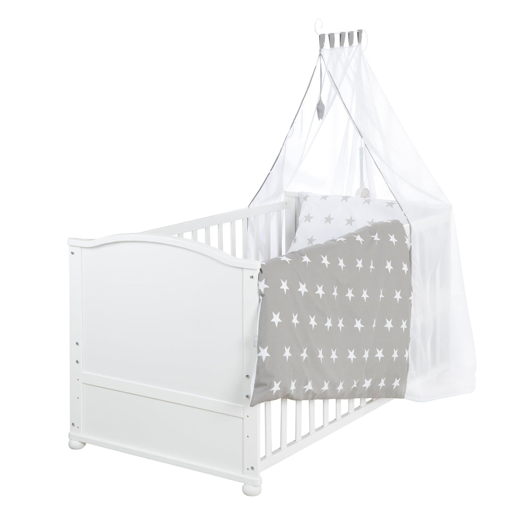 roba Babybett Set Adam & Eule - 70 x 140 cm - Mitwachsendes Kinderbett mit Bettwäsche, Himmel, Matratze - Höhenverstellbar - zu Juniorbett umbaubar - Holz weiß