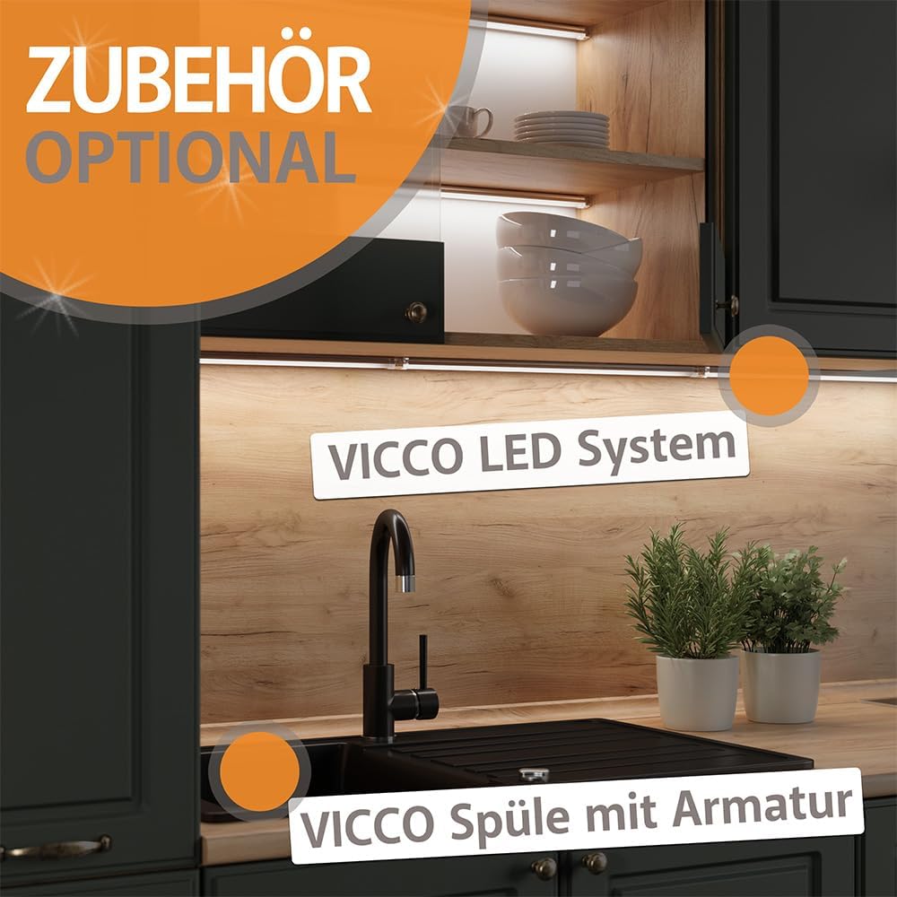 Vicco Küchenzeile Raul, Goldkraft Eiche/Anthrazit, 240 cm, AP Schwarz Gemustert, mit modularen Elementen flexibel kombinierbar