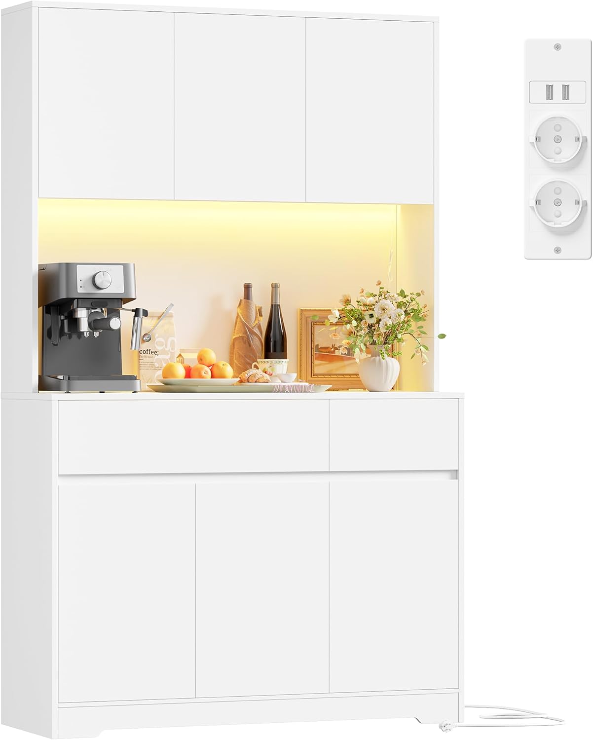 FirFurd Küchenschrank Buffetschrank mit LED und Steckdose Küchenschrank mit Arbeitsplatte Sideboard für Küche Wohnzimmer Esszimmer Küchenbuffet 180x100x38,5cm weiß