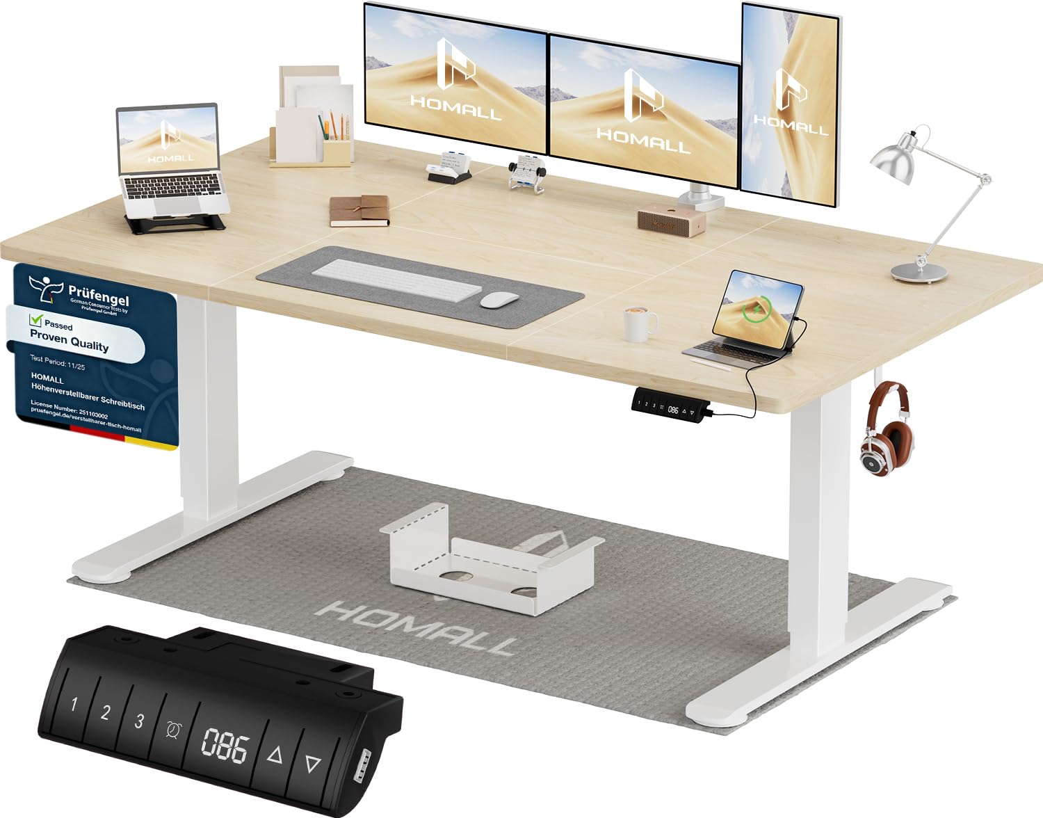 Homall Höhenverstellbarer Schreibtisch 200x80cm mit USB-A Ladeanschluss, Elektrischer Schreibtisch mit Kabel Management Tray, Standing Desk mit 3 Memory Funktion, Computertisch Weiß