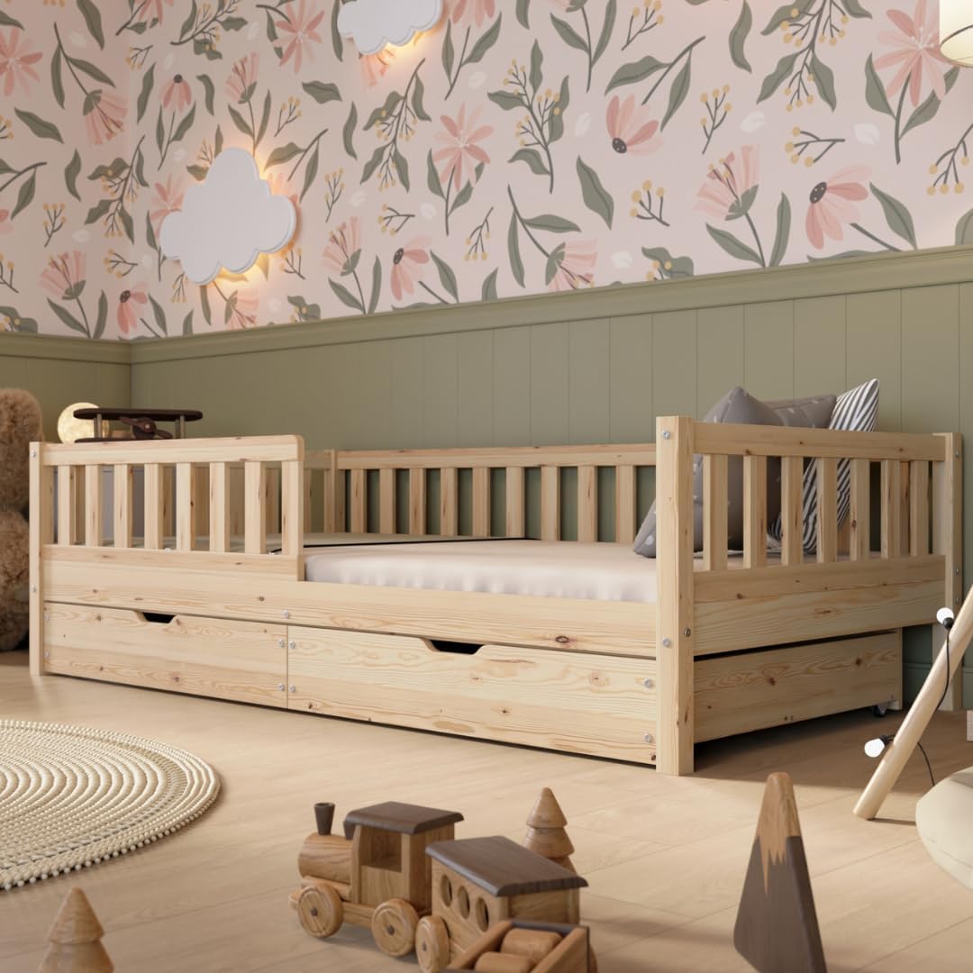 Kinderbett mit Schublade 80x160cm – Massives Montessori Bodenbett aus Holz mit Rausfallschutz – Sicheres Kleinkindbett – Skandinavisches Design Leichte Montage - Crazy Basic
