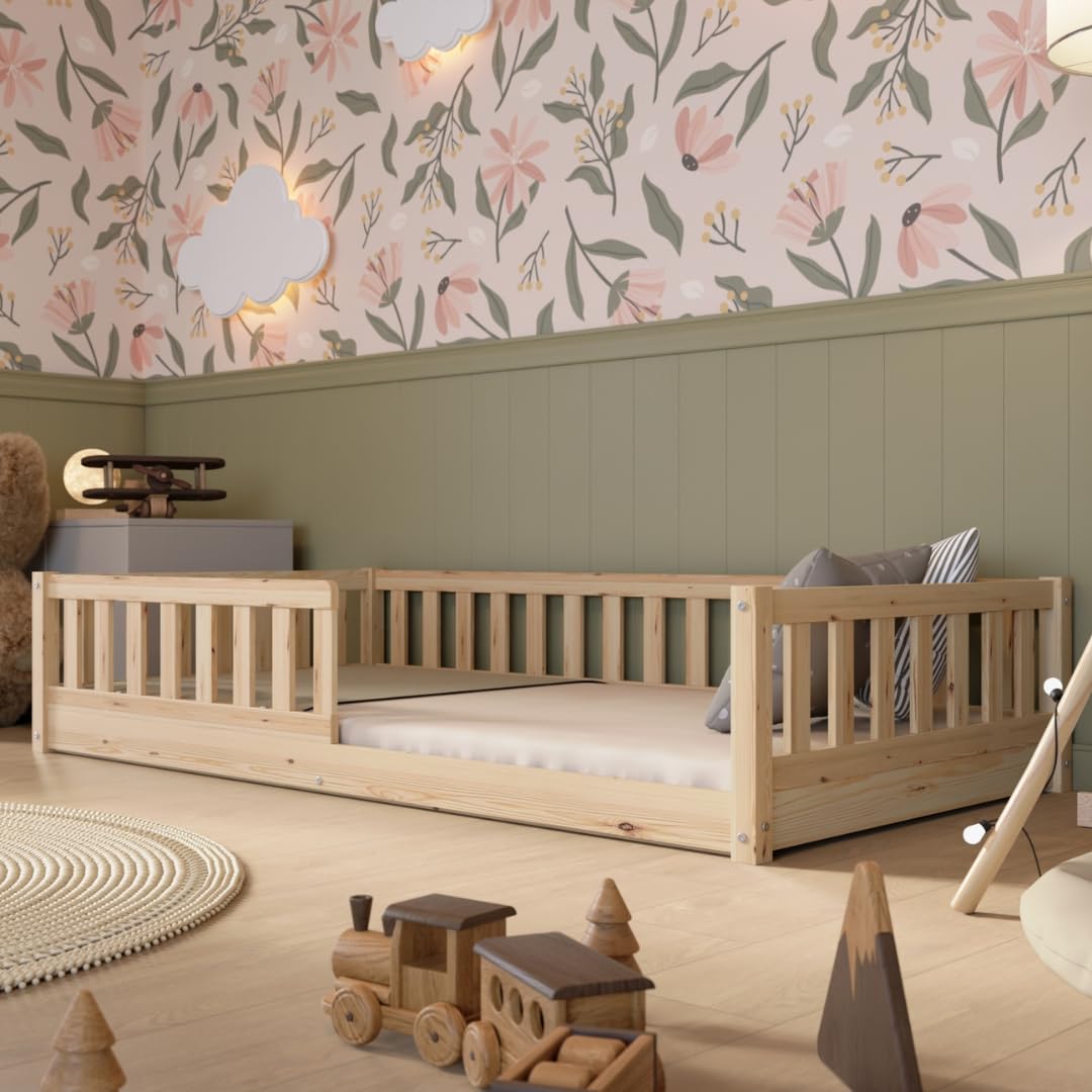 Kinderbett mit Schublade 80x160cm – Massives Montessori Bodenbett aus Holz mit Rausfallschutz – Sicheres Kleinkindbett – Skandinavisches Design Leichte Montage - Crazy Basic