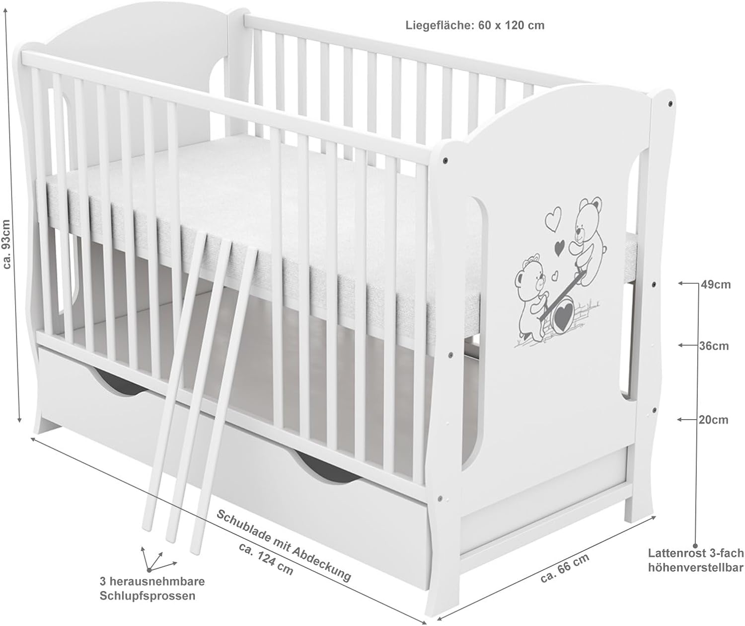 Babybett 60x120 weiß Kinderbett umbaubar zum Juniorbett Schublade Matratze Teddy Wippe Motiv