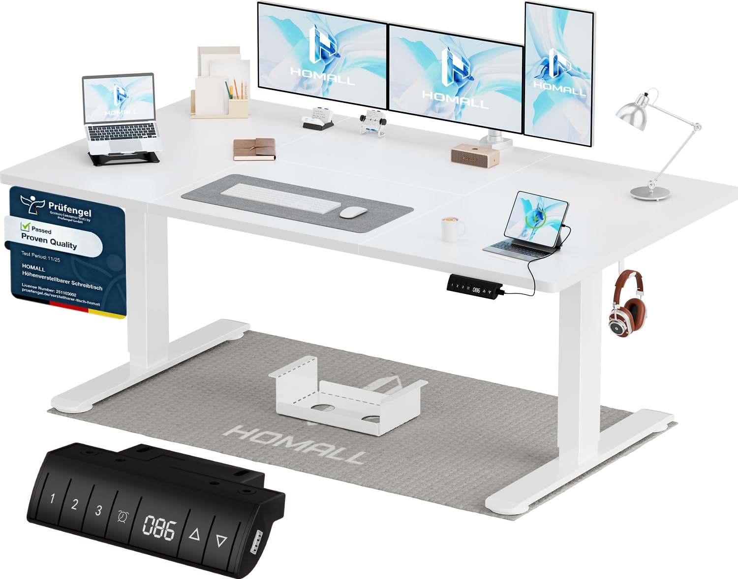 Homall Höhenverstellbarer Schreibtisch 200x80cm mit USB-A Ladeanschluss, Elektrischer Schreibtisch mit Kabel Management Tray, Standing Desk mit 3 Memory Funktion, Computertisch Weiß