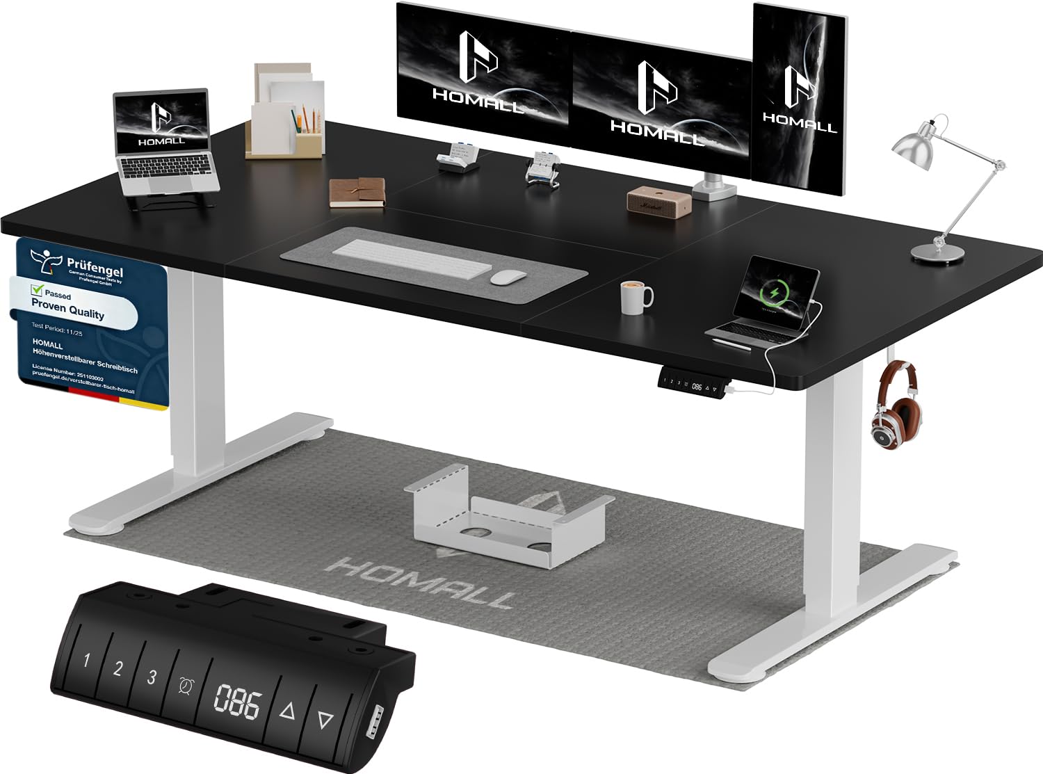 Homall Höhenverstellbarer Schreibtisch 200x80cm mit USB-A Ladeanschluss, Elektrischer Schreibtisch mit Kabel Management Tray, Standing Desk mit 3 Memory Funktion, Computertisch Weiß