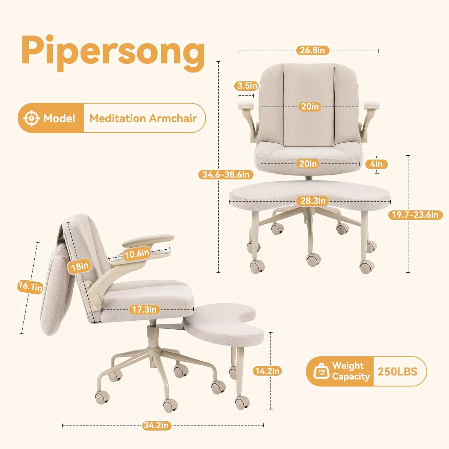 Pipersong ADHS-Stuhl mit verstellbaren Armlehnen, Criss Cross Schreibtischstuhl mit flexiblem Rückenkissen, drehbarer Fußstütze und Rädern