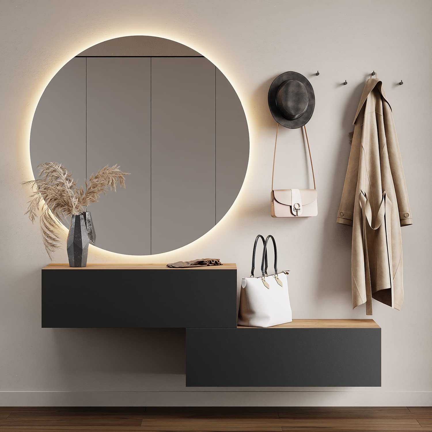 Planetmöbel Flur Möbel Garderobe Hängeschrank 2X 140 cm Gold Eiche - Anthrazit, Kompaktgarderobe mit Klappe als Stauraum, Wandgarderobe hängend oder stehend, 37,8T x 140B x 32,5H cm