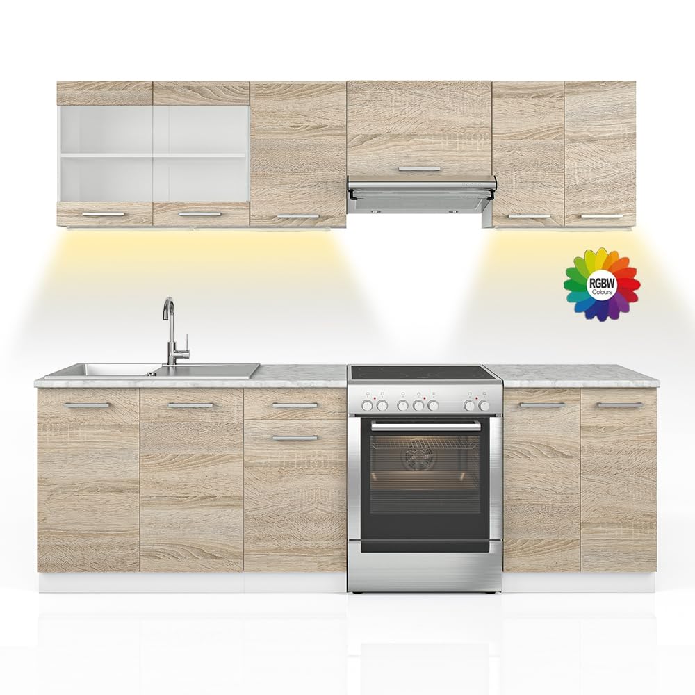 Vicco Küchenzeile Raul, Goldkraft Eiche/Anthrazit, 240 cm, AP Schwarz Gemustert, mit modularen Elementen flexibel kombinierbar