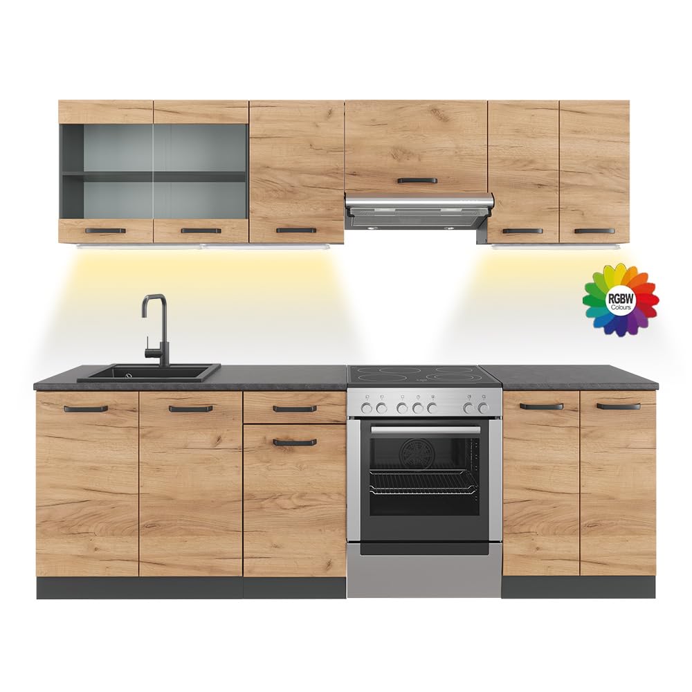 Vicco Küchenzeile Raul, Goldkraft Eiche/Anthrazit, 240 cm, AP Schwarz Gemustert, mit modularen Elementen flexibel kombinierbar