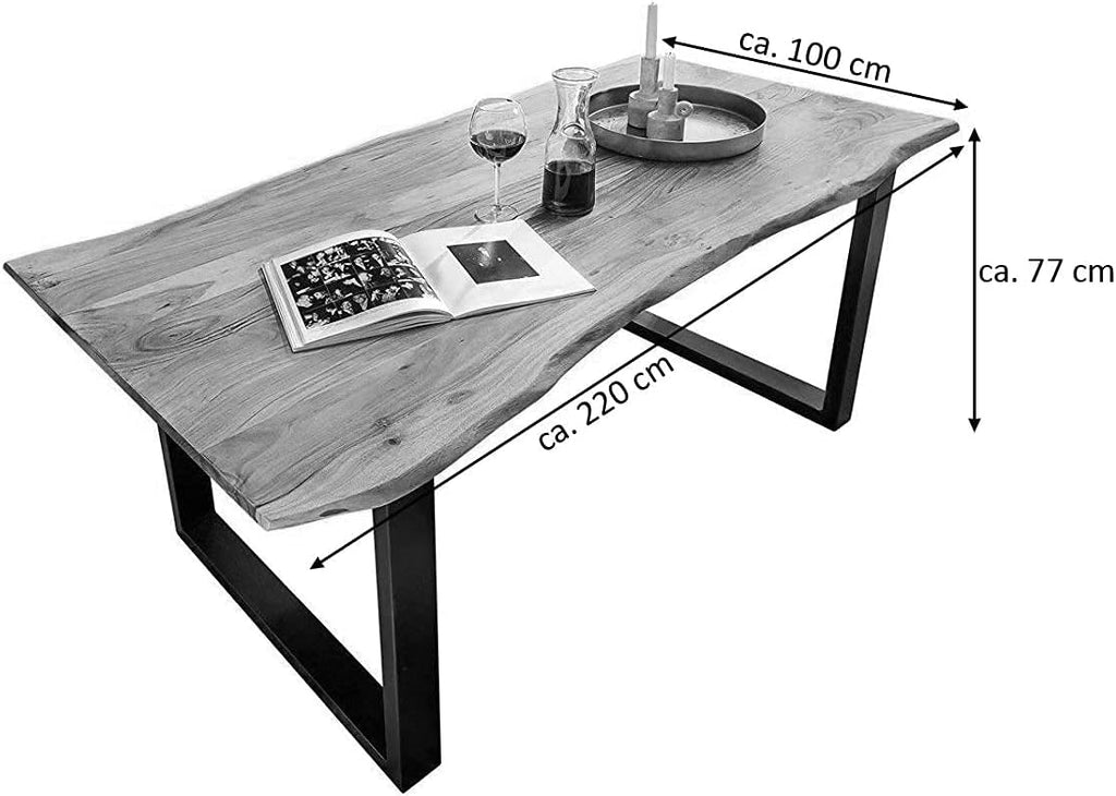 SAM Baumkantentisch 220x100 cm Quarto, Akazienholz massiv + nussbaumfarben, Esstisch mit schwarzem U-Gestell, Esszimmertisch/Holztisch Industrial-Design, Tischplatte 26 mm