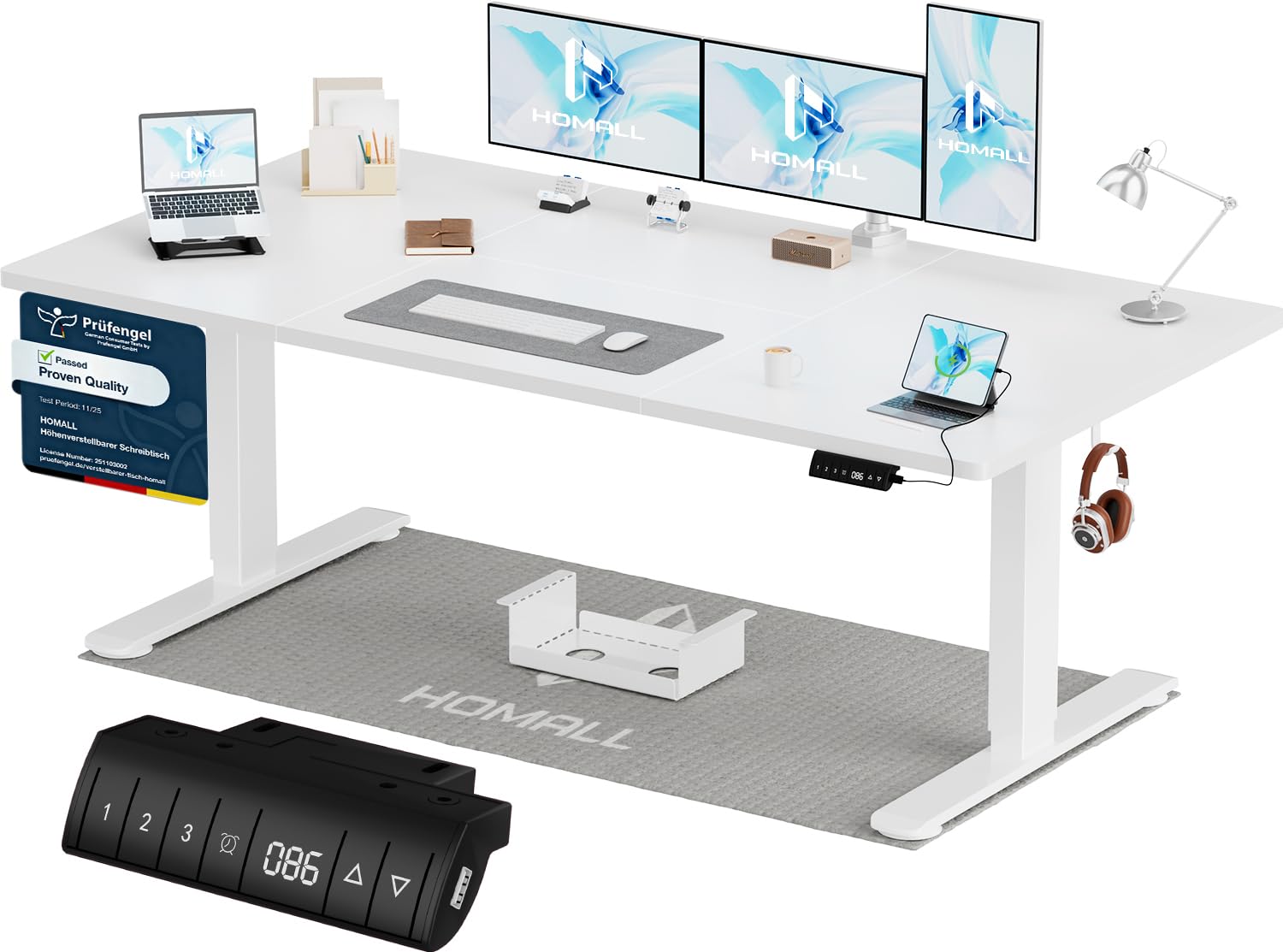 Homall Höhenverstellbarer Schreibtisch 200x80cm mit USB-A Ladeanschluss, Elektrischer Schreibtisch mit Kabel Management Tray, Standing Desk mit 3 Memory Funktion, Computertisch Weiß