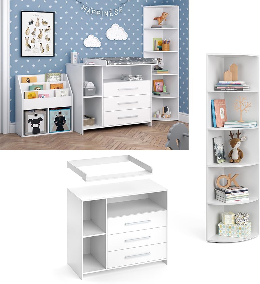 Vicco Kinderzimmer-Set Oskar, Weiß, 2 Teile, mit Wickelkommode und Spielzeugregal, umbaubar zur normalen Kommode nach Entfernen des Wickelaufsatzes