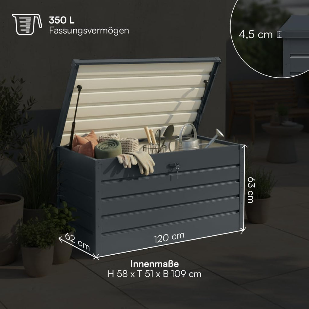 STEELSØN Dorado Gartenbox aus verzinktem Metall 350 Liter – Outdoor Box wasserdicht Anthrazit – Auflagenbox abschließbar mit klappbarem Deckel – Aufbewahrungsbox Garten/Balkon/Terrasse 120x62x63 cm