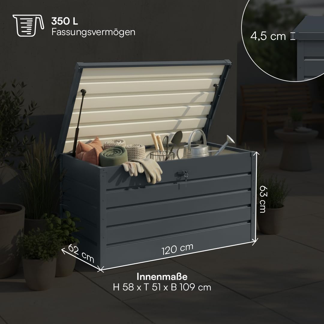 STEELSØN Dorado Gartenbox aus verzinktem Metall 350 Liter – Outdoor Box wasserdicht Anthrazit – Auflagenbox abschließbar mit klappbarem Deckel – Aufbewahrungsbox Garten/Balkon/Terrasse 120x62x63 cm