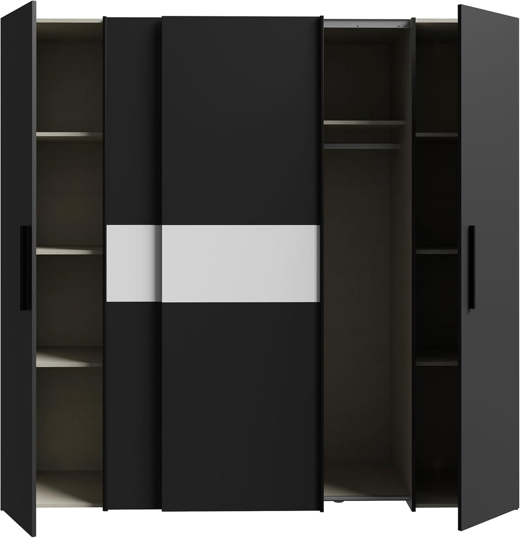Forte KALIXTUS schwarzer Kleiderschrank 200, moderner Schwebetürenschrank, 4-türig, Holzwerkstoff, Schwarz Matt, 200,1 cm breit x 190,5 cm hoch, 61,2 cm tief