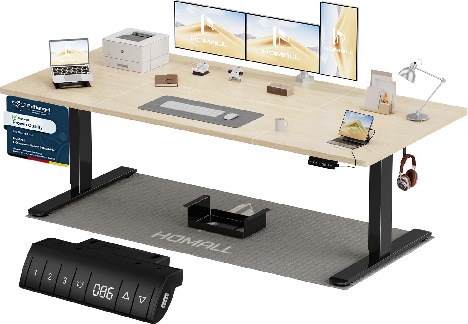 Homall Höhenverstellbarer Schreibtisch 200x80cm mit USB-A Ladeanschluss, Elektrischer Schreibtisch mit Kabel Management Tray, Standing Desk mit 3 Memory Funktion, Computertisch Weiß