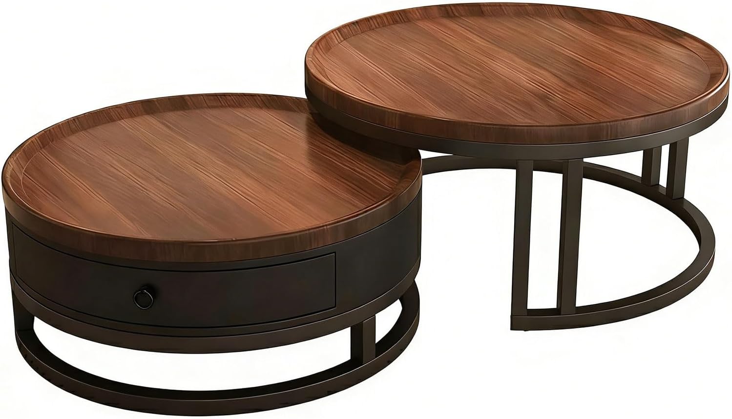 Generisch Couchtisch rund 2er Set mit Stauraum, Wohnzimmertisch mit Holz Schubladen, Walnussoptik und Metallrahmen, Moderne Kaffeetische Satztische Sofatisch für Wohnzimmer Schlafzimmer