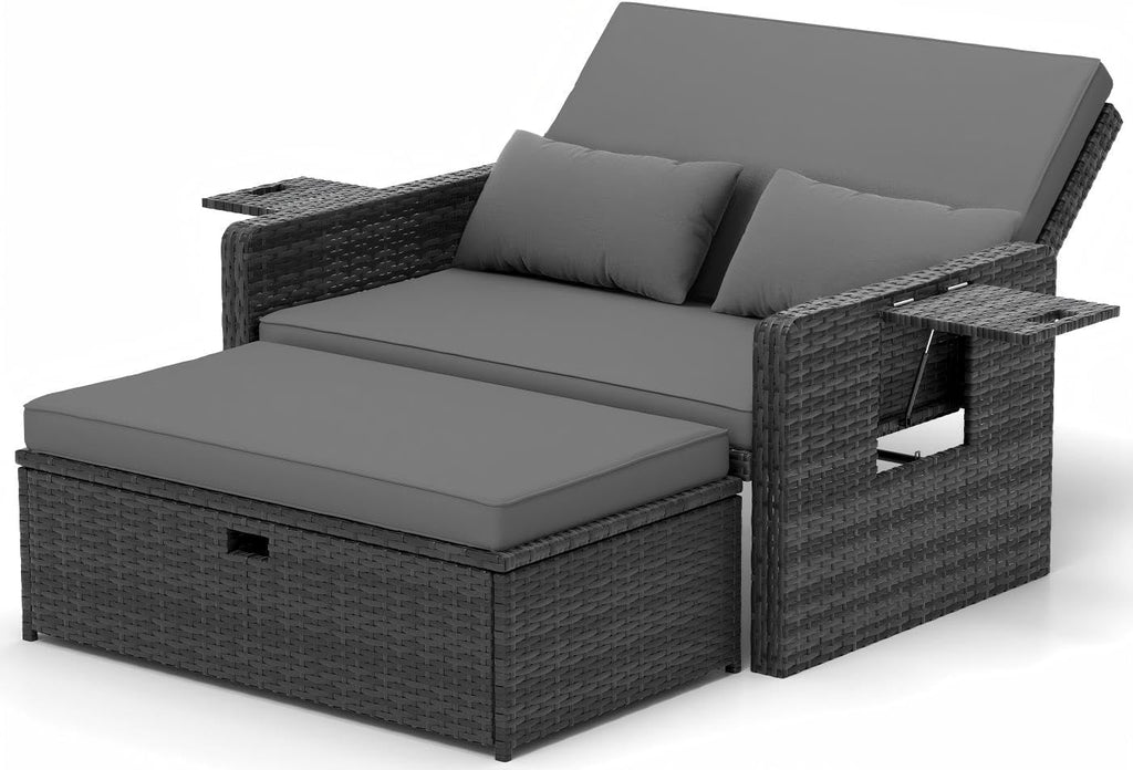 UDPATIO Rattan Lounge Möbel Outdoor, Lounge Balkonmöbel Gartensofa mit Hocker,Rattan Sofa mit Stauraum, Verstellbares 2 Sitzer Garten-Bett für Terrasse,Balkon,Garten,Grau-meliert & Dunkelgraue Bezüge