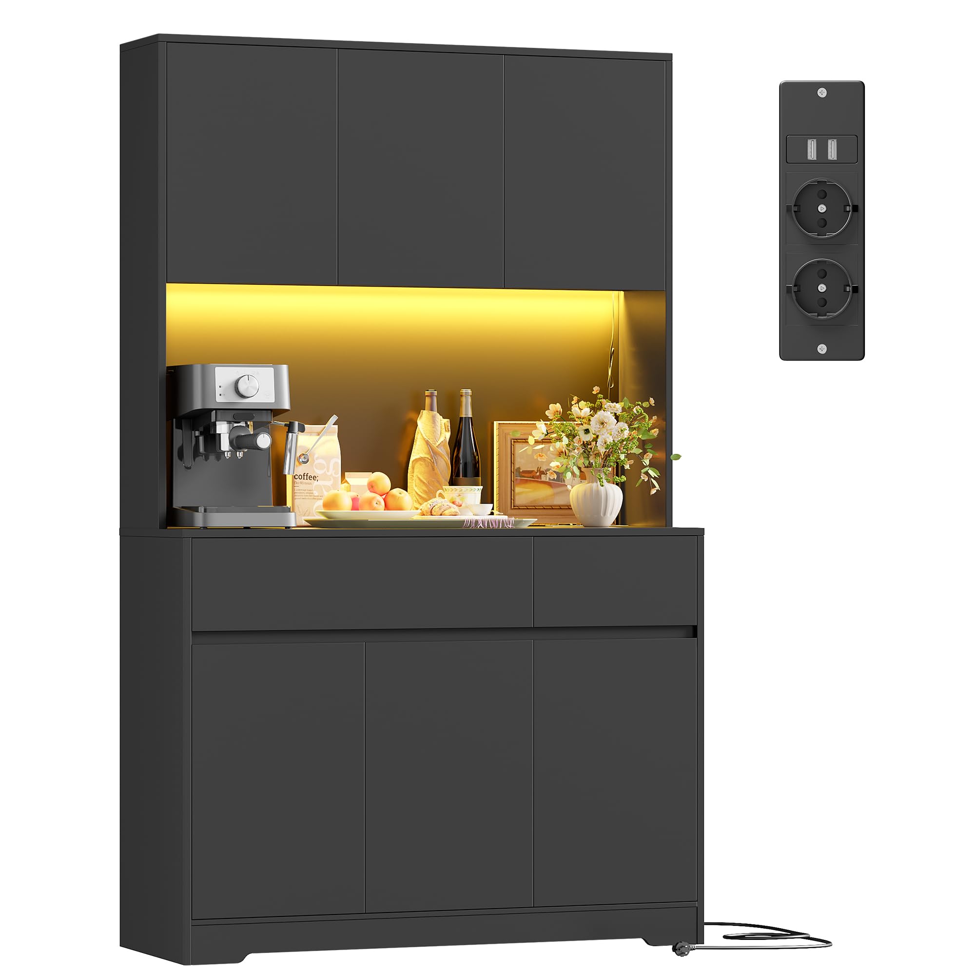 FirFurd Küchenschrank Buffetschrank mit LED und Steckdose Küchenschrank mit Arbeitsplatte Sideboard für Küche Wohnzimmer Esszimmer Küchenbuffet 180x100x38,5cm weiß