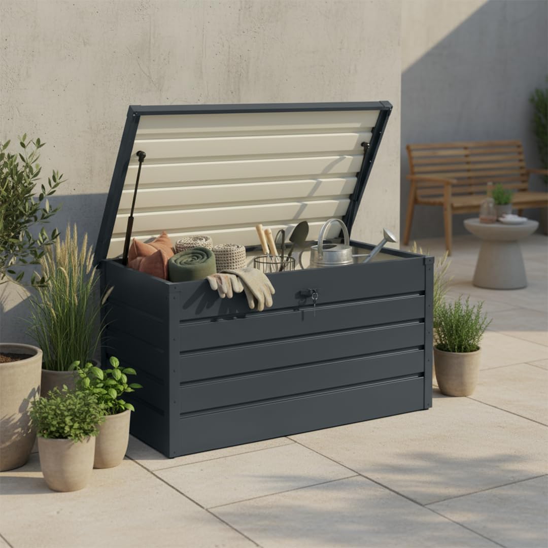 STEELSØN Dorado Gartenbox aus verzinktem Metall 350 Liter – Outdoor Box wasserdicht Anthrazit – Auflagenbox abschließbar mit klappbarem Deckel – Aufbewahrungsbox Garten/Balkon/Terrasse 120x62x63 cm