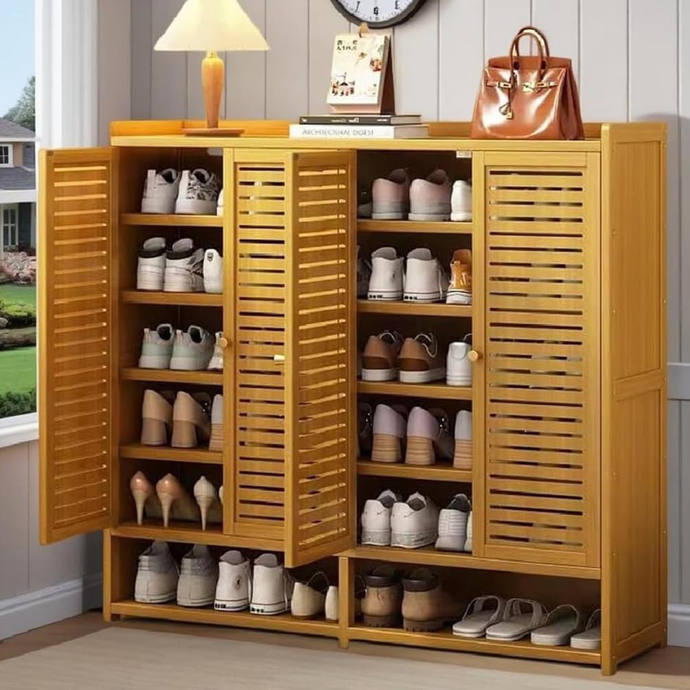 Generisch Schuhschrank Holz mit Korbgeflecht-Türen, Moderner Bambus Schuhschränke, Schuhregal mit Stauraum, Shoes Cabinet für Flur, Wohnzimmer, Schlafzimmer,H