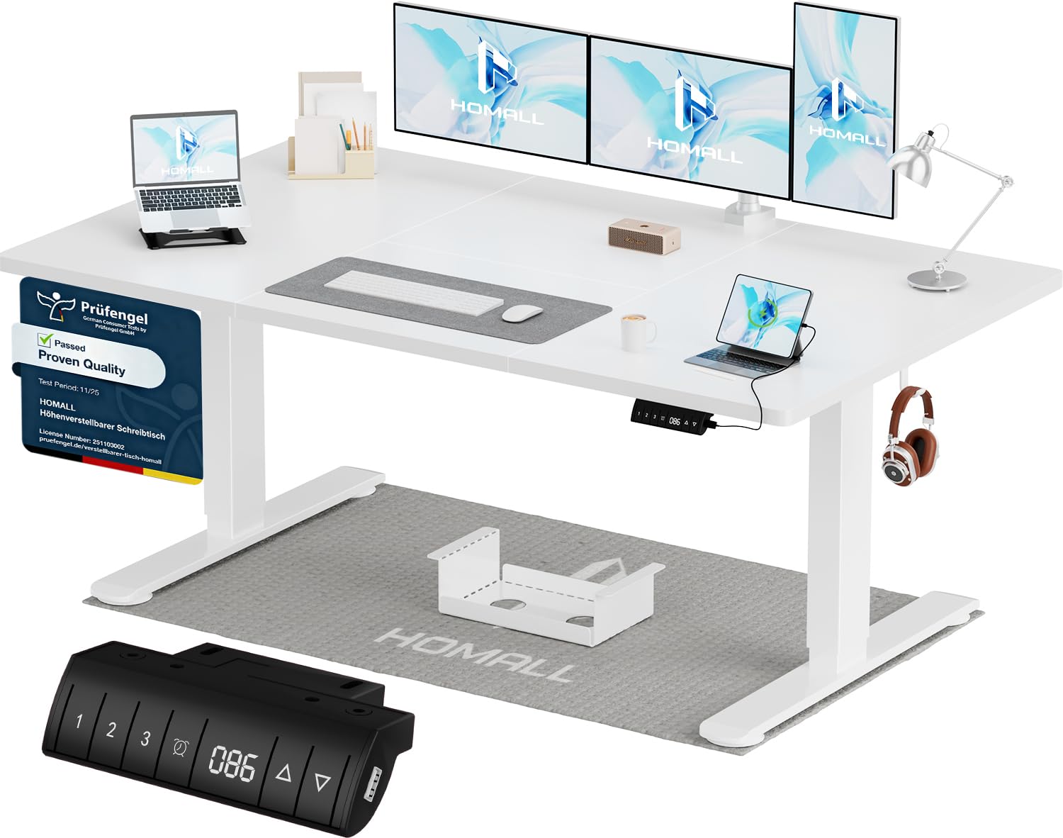 Homall Höhenverstellbarer Schreibtisch 200x80cm mit USB-A Ladeanschluss, Elektrischer Schreibtisch mit Kabel Management Tray, Standing Desk mit 3 Memory Funktion, Computertisch Weiß