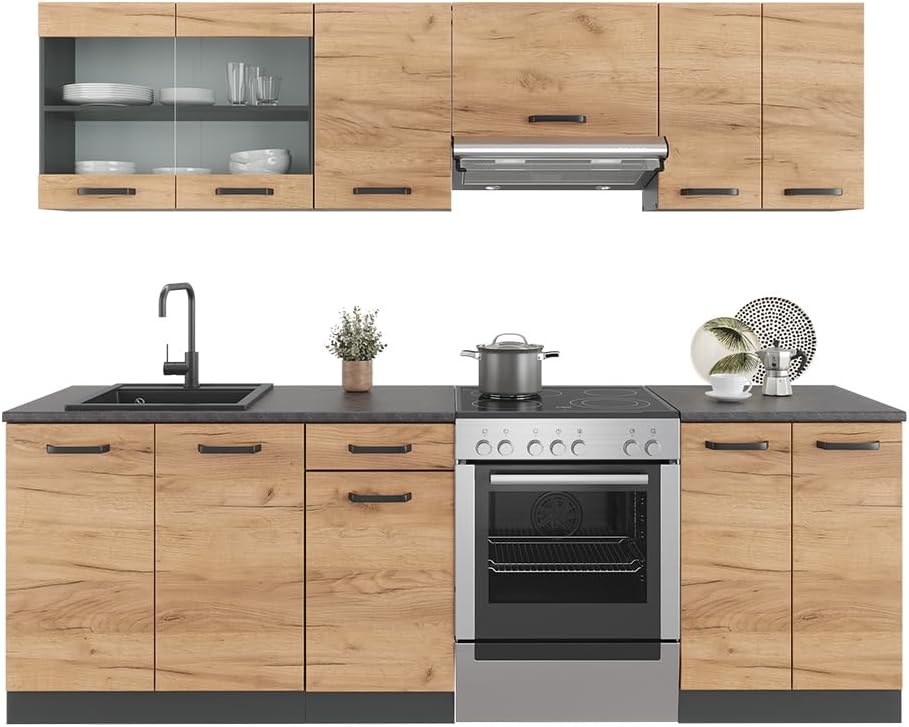 Vicco Küchenzeile Raul, Goldkraft Eiche/Anthrazit, 240 cm, AP Schwarz Gemustert, mit modularen Elementen flexibel kombinierbar