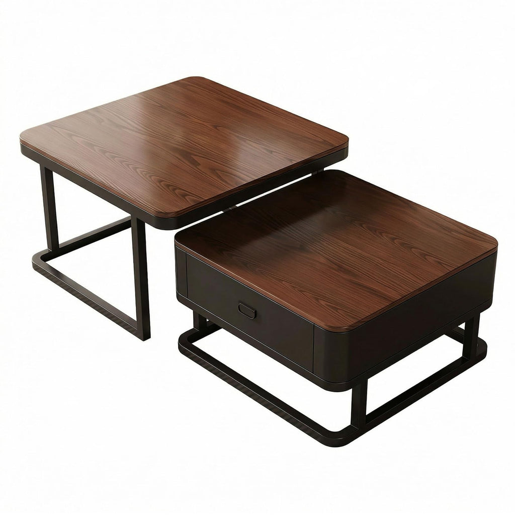 Generisch Couchtisch rund 2er Set mit Stauraum, Wohnzimmertisch mit Holz Schubladen, Walnussoptik und Metallrahmen, Moderne Kaffeetische Satztische Sofatisch für Wohnzimmer Schlafzimmer